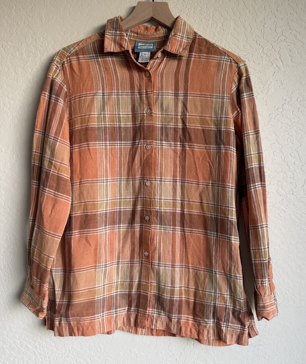 Pendleton Originals 100% Linen Plaid Button Up Shirt Men's Small Orange Outdoors